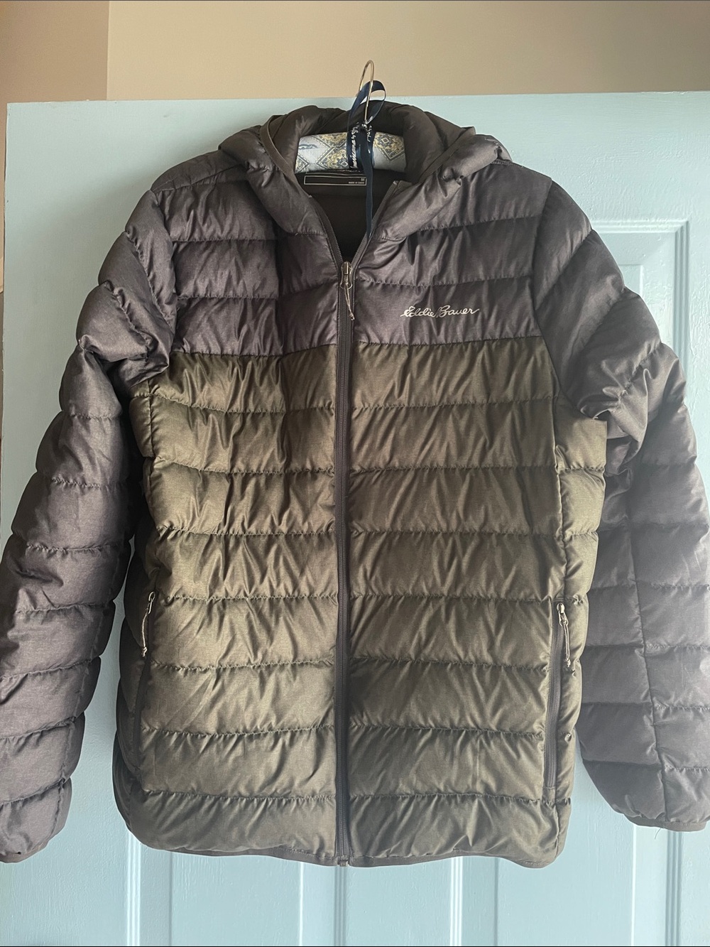Eddie Bauer Olive and Blue Quilted Puffer Jacket with Hood
